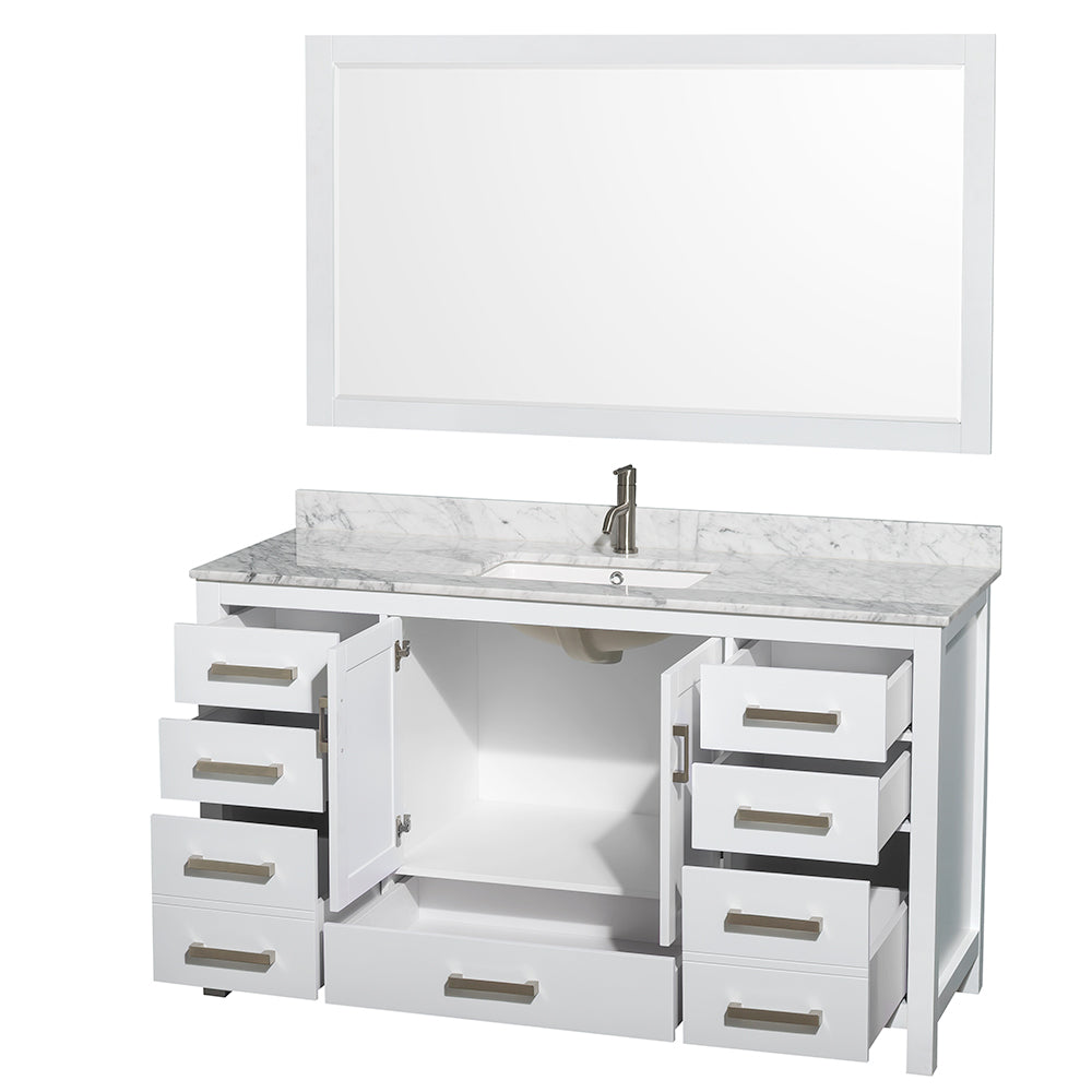 Sheffield 60" Single Vanity in White, Top, Square Sink, 58" Mirror