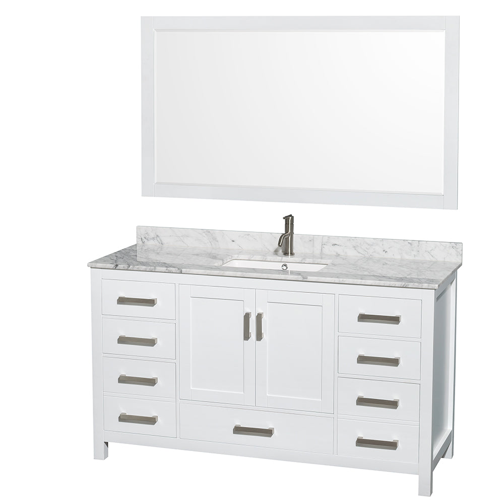 Sheffield 60 inch Single Bathroom Vanity in White, White Carrara Marble Countertop, Undermount Square Sink, and 58 inch Mirror