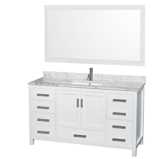 Sheffield 60" Single Vanity in White, Top, Square Sink, 58" Mirror