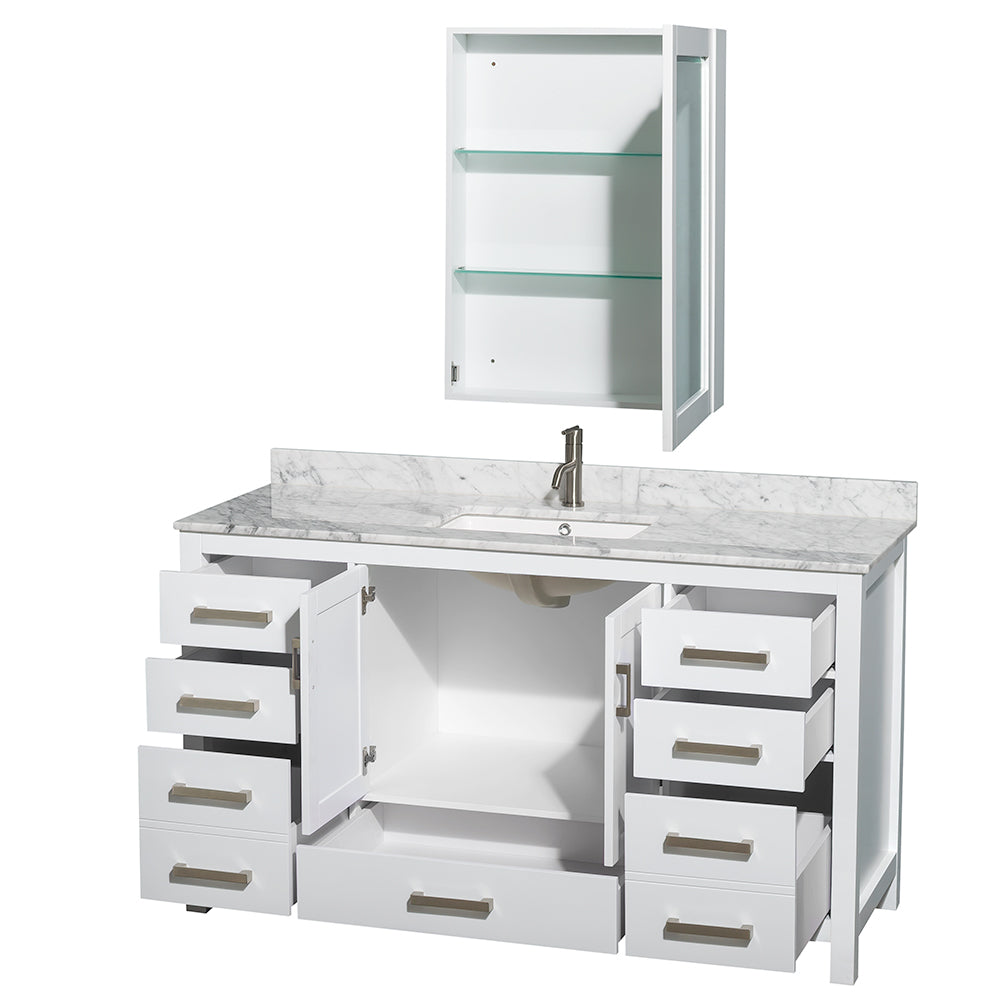 Sheffield 60" Single Vanity in White, Top, Square Sink, Medicine Cabinet