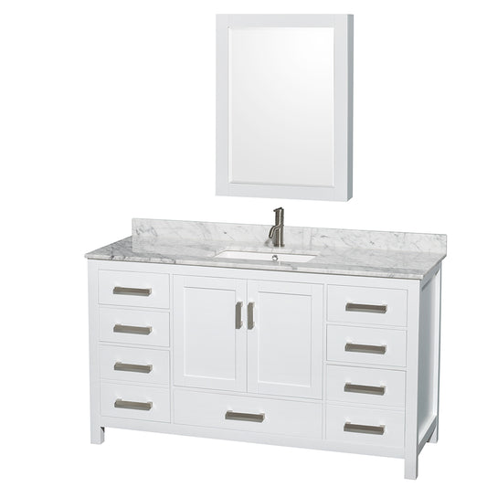 Sheffield 60 inch Single Bathroom Vanity in White, White Carrara Marble Countertop, Undermount Square Sink, and Medicine Cabinet