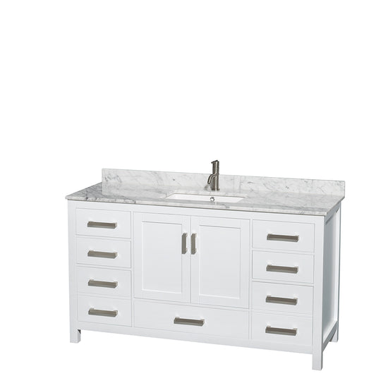 Sheffield 60 inch Single Bathroom Vanity in White, White Carrara Marble Countertop, Undermount Square Sink, and No Mirror