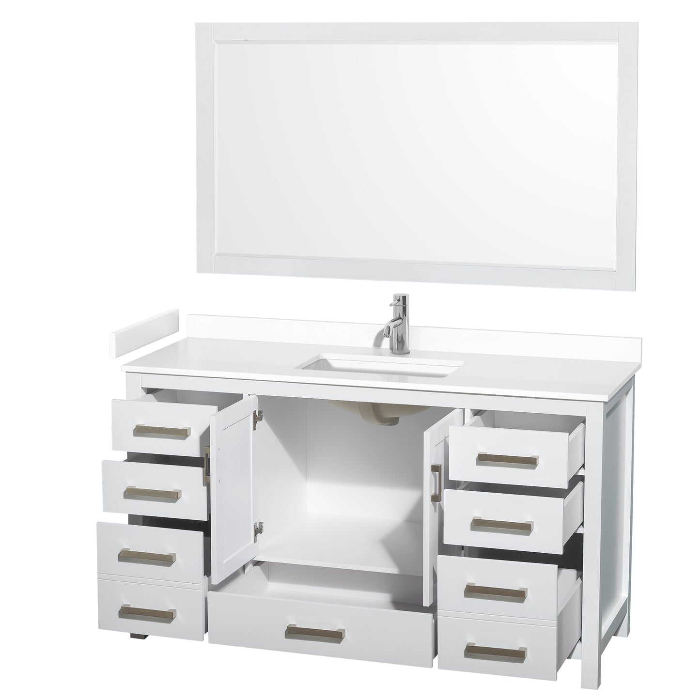Sheffield 60" Single Vanity in White, White Marble Top, Square 58" Mirror