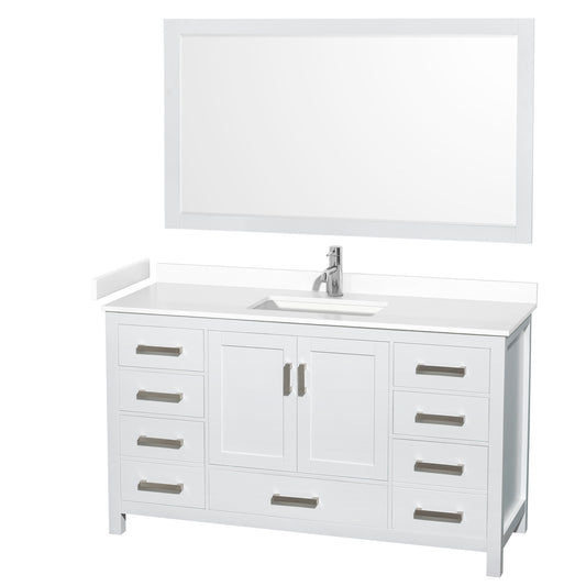 Sheffield 60" Single Vanity in White, White Marble Top, Square 58" Mirror