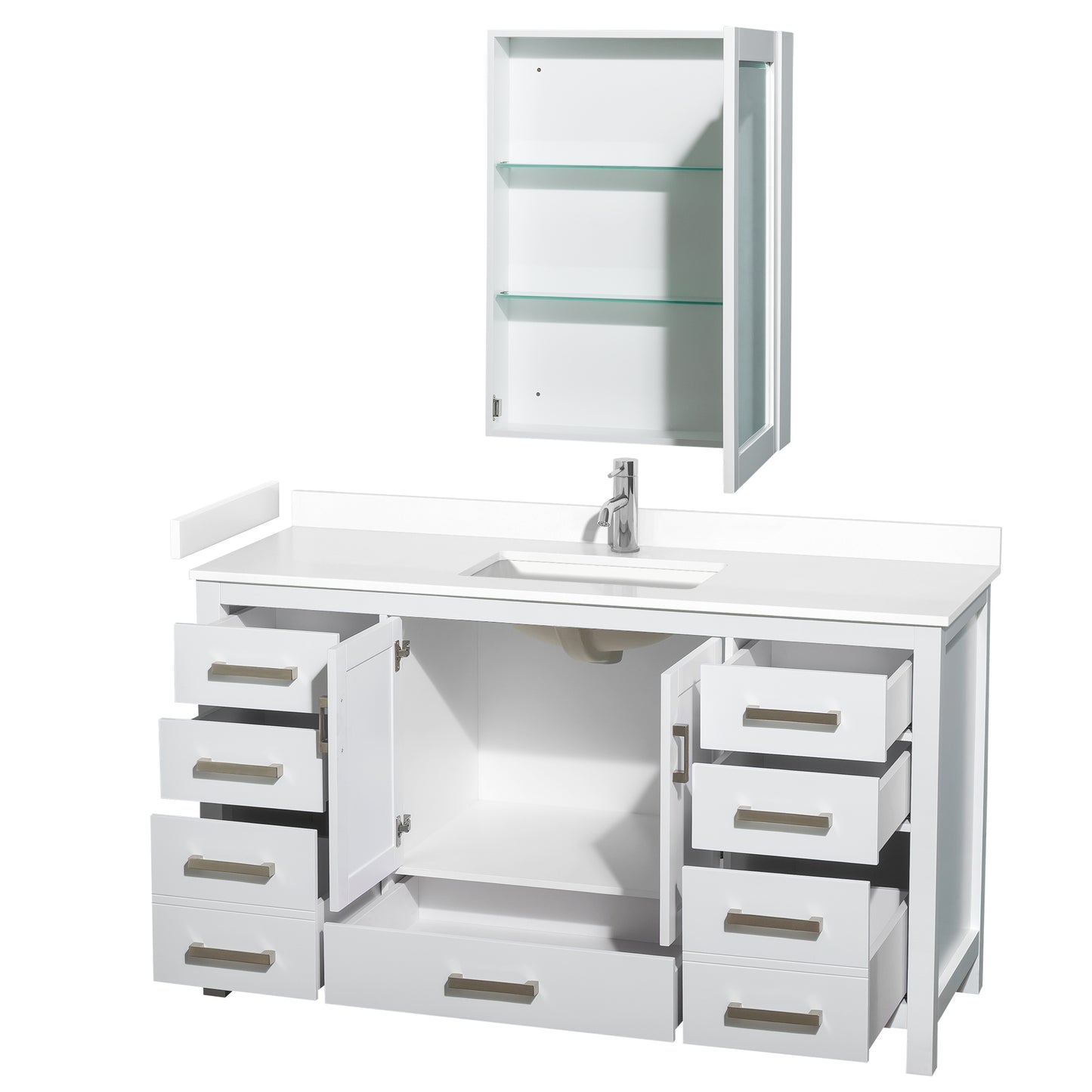 Sheffield 60" Single Vanity in White, White Marble Top, Square Medicine Cabinet