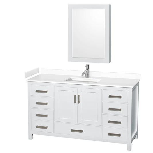 Sheffield 60" Single Vanity in White, White Marble Top, Square Medicine Cabinet