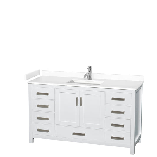 Sheffield 60" Single Vanity in White, White Marble Top, Square No Mirror