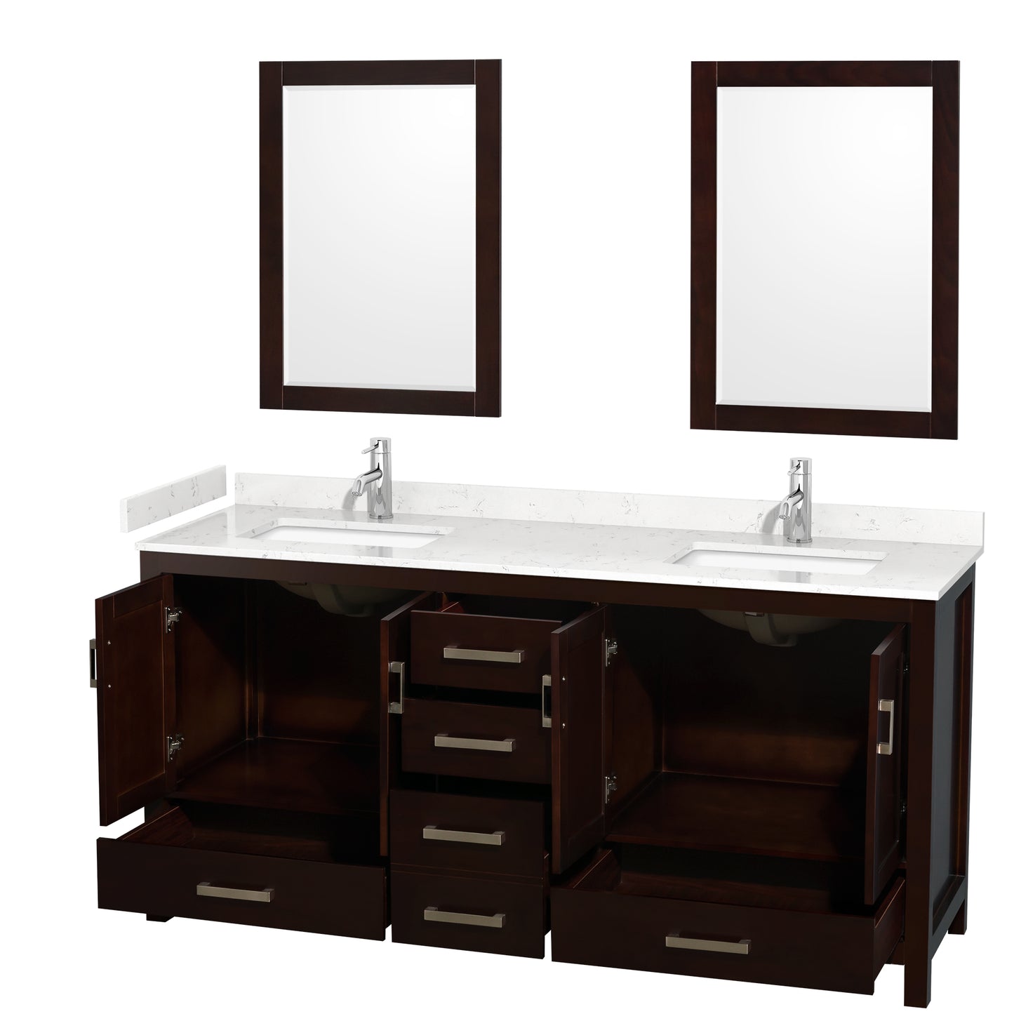 Sheffield 72" Double Vanity in Espresso, Carrara Marble Top, Square 24" Mirrors