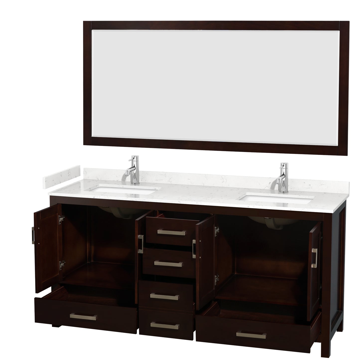 Sheffield 72" Double Vanity in Espresso, Carrara Marble Top, Square 70" Mirror