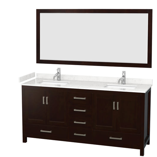 Sheffield 72" Double Vanity in Espresso, Carrara Marble Top, Square 70" Mirror