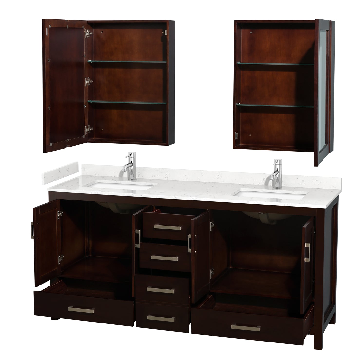 Sheffield 72" Double Vanity in Espresso, Carrara Marble Top, Medicine Cabinets