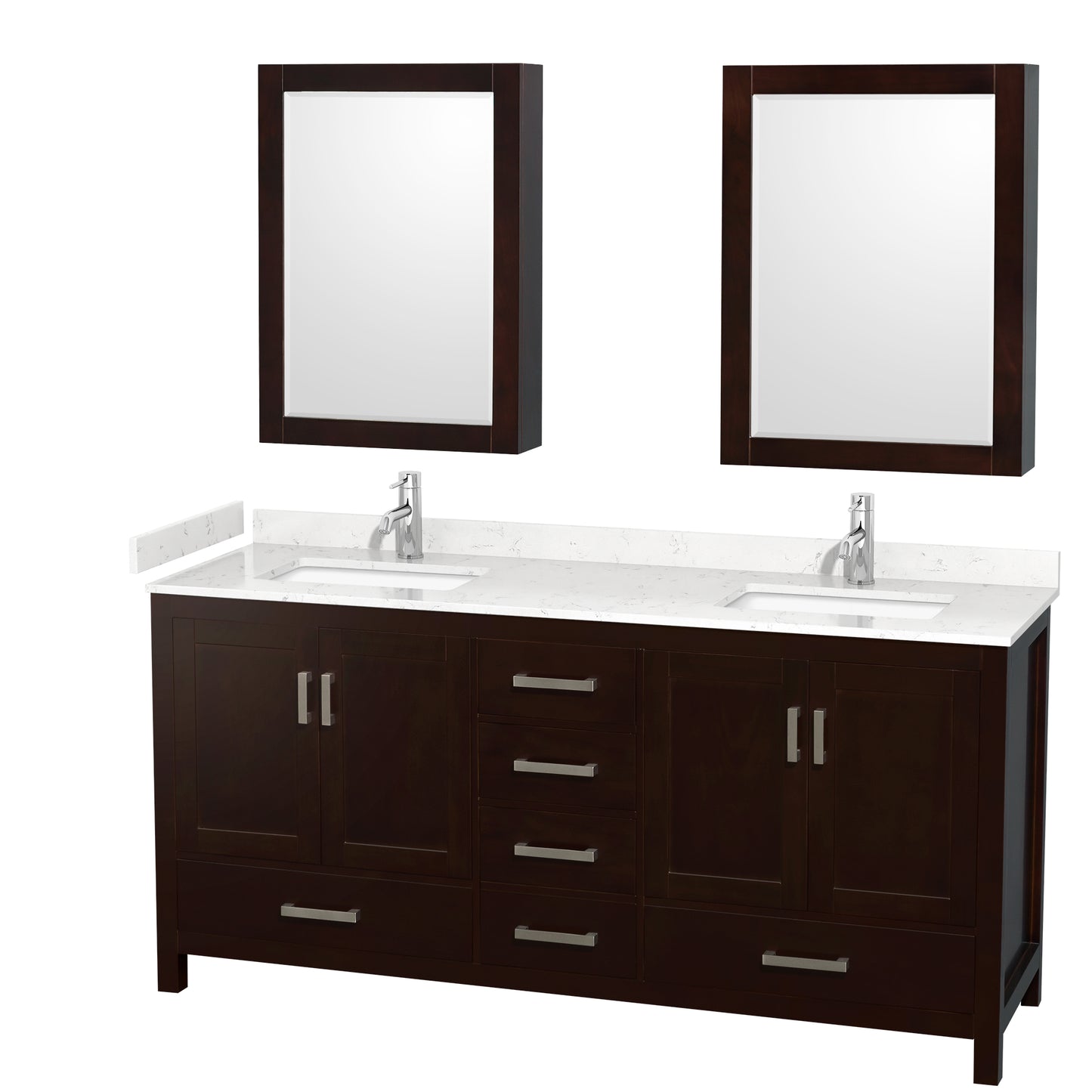 Sheffield 72" Double Vanity in Espresso, Carrara Marble Top, Medicine Cabinets