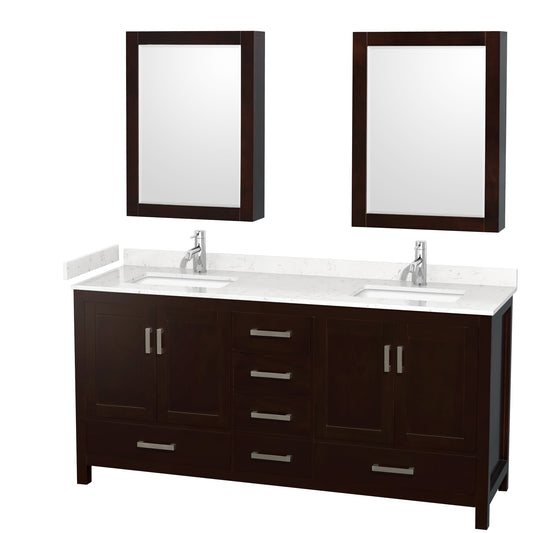 Sheffield 72" Double Vanity in Espresso, Carrara Marble Top, Medicine Cabinets