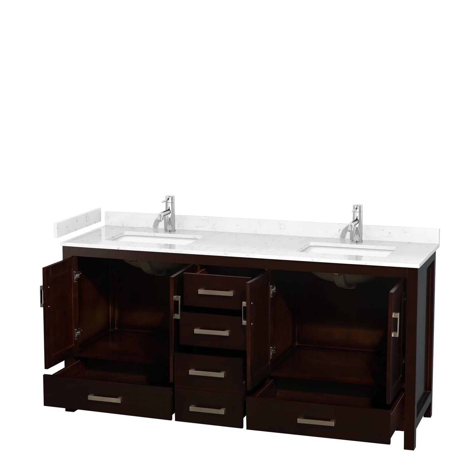 Sheffield 72" Double Vanity in Espresso, Carrara Marble Top, Square No Mirror