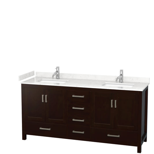 Sheffield 72" Double Vanity in Espresso, Carrara Marble Top, Square No Mirror