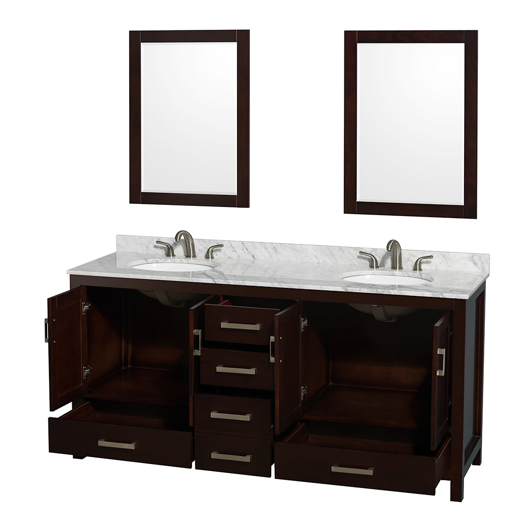 Sheffield 72" Double Vanity in Espresso, Top, Oval Sinks, 24" Mirrors