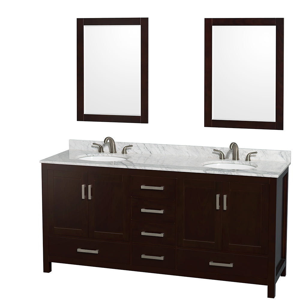 Sheffield 72 inch Double Bathroom Vanity in Espresso, White Carrara Marble Countertop, Undermount Oval Sinks, and 24 inch Mirrors