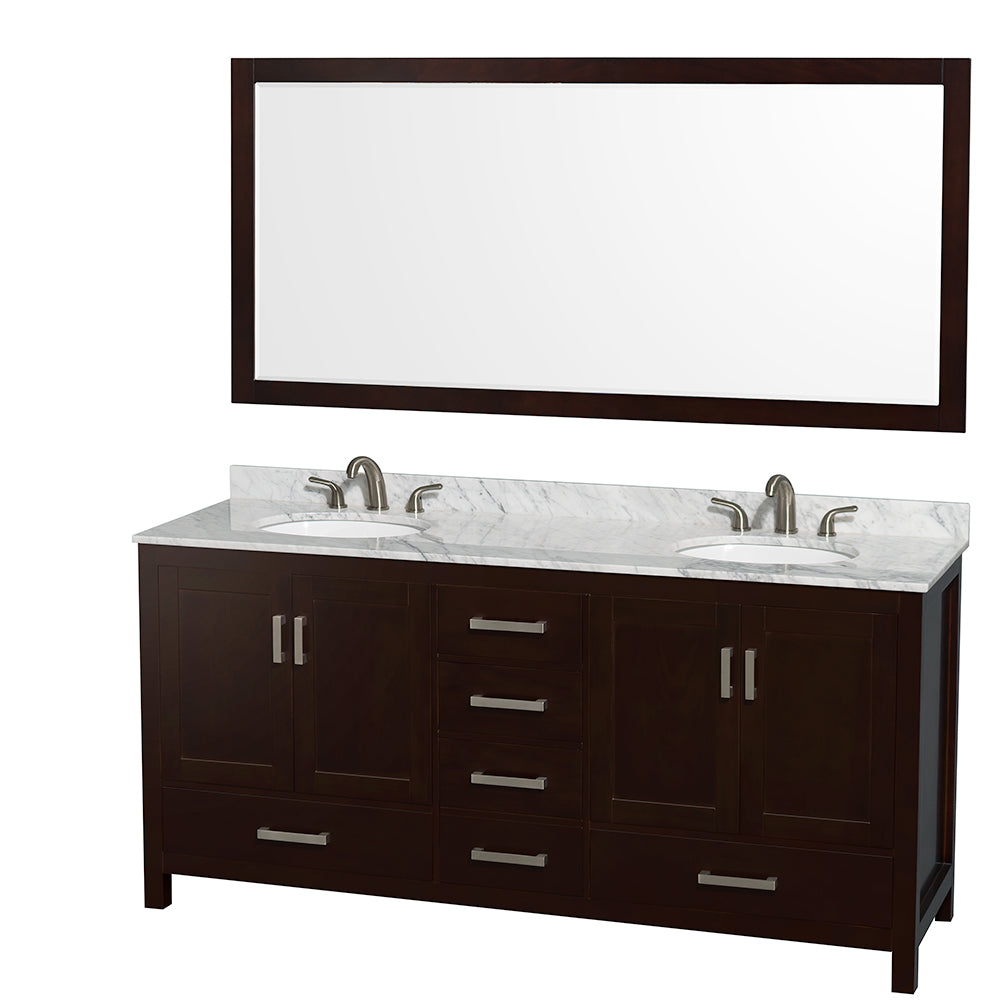 Sheffield 72 inch Double Bathroom Vanity in Espresso, White Carrara Marble Countertop, Undermount Oval Sinks, and 70 inch Mirror