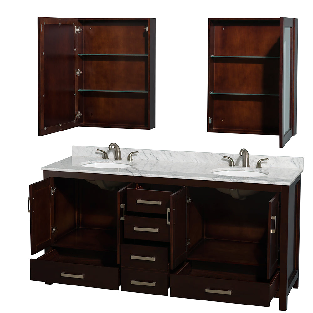 Sheffield 72" Double Vanity in Espresso, top, Oval Sinks, Medicine Cabinets