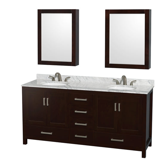 Sheffield 72 inch Double Bathroom Vanity in Espresso, White Carrara Marble Countertop, Undermount Oval Sinks, and Medicine Cabinets