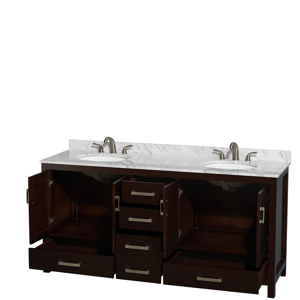Sheffield 72" Double Vanity in Espresso, Top, Oval Sinks, No Mirror