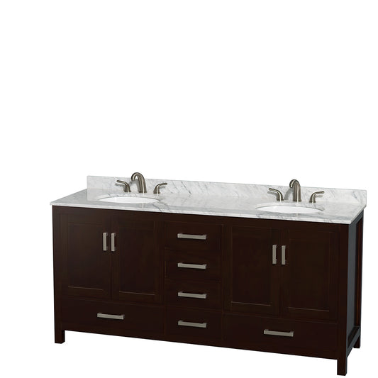 Sheffield 72 inch Double Bathroom Vanity in Espresso, White Carrara Marble Countertop, Undermount Oval Sinks, and No Mirror