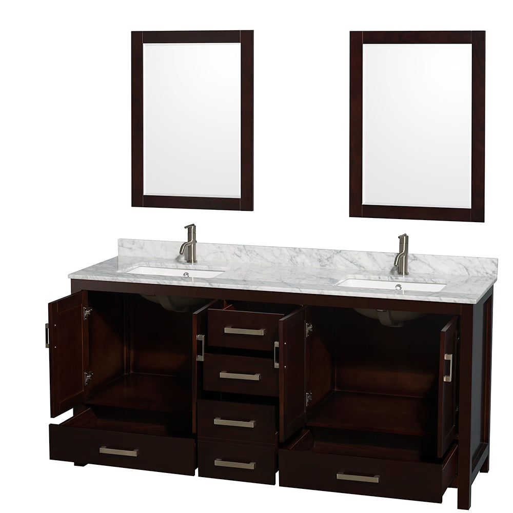 Sheffield 72" Double Vanity in Espresso, Top, Square Sinks, 24" Mirrors