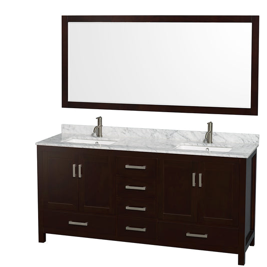 Sheffield 72 inch Double Bathroom Vanity in Espresso, White Carrara Marble Countertop, Undermount Square Sinks, and 70 inch Mirror