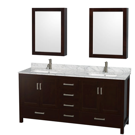 Sheffield 72 inch Double Bathroom Vanity in Espresso, White Carrara Marble Countertop, Undermount Square Sinks, and Medicine Cabinets