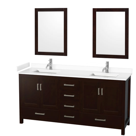 Sheffield 72" Double Vanity in Espresso, White Marble Top, Square 24" Mirrors