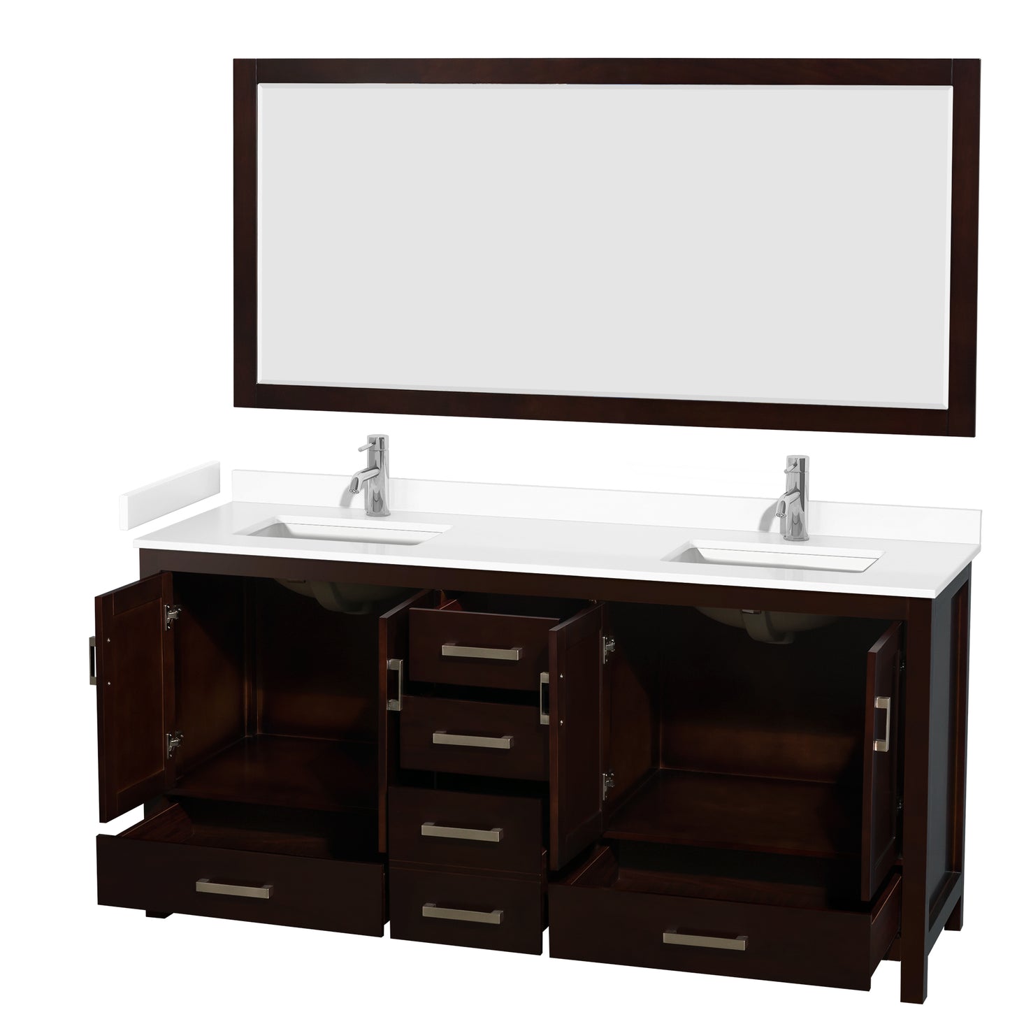 Sheffield 72" Double Vanity in Espresso, White Marble Top, Square 70" Mirror