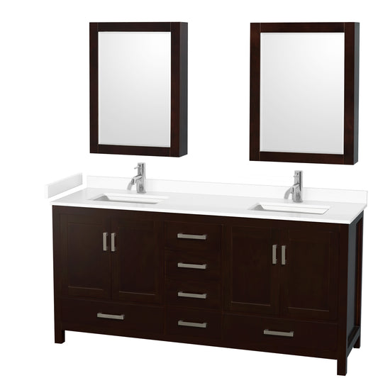 Sheffield 72" Double Vanity in Espresso, White Marble Top, Medicine Cabinets