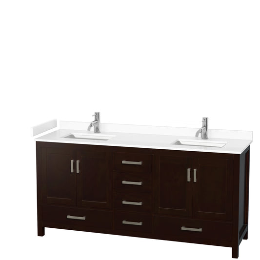 Sheffield 72" Double Vanity in Espresso, White Marble Top, Square No Mirror