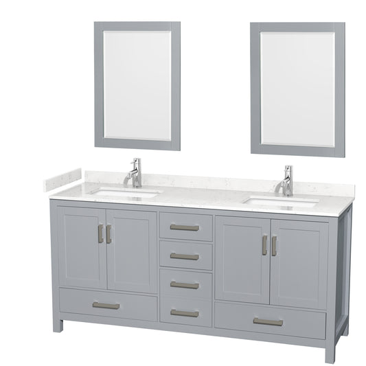 Sheffield 72" Double Vanity in Gray, Carrara Marble Top, Square 24" Mirrors