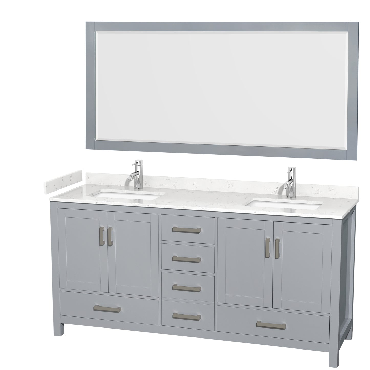 Sheffield 72" Double Vanity in Gray, Carrara Marble Top, Square 70" Mirror