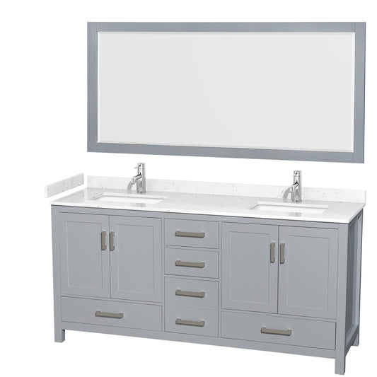 Sheffield 72" Double Vanity in Gray, Carrara Marble Top, Square 70" Mirror