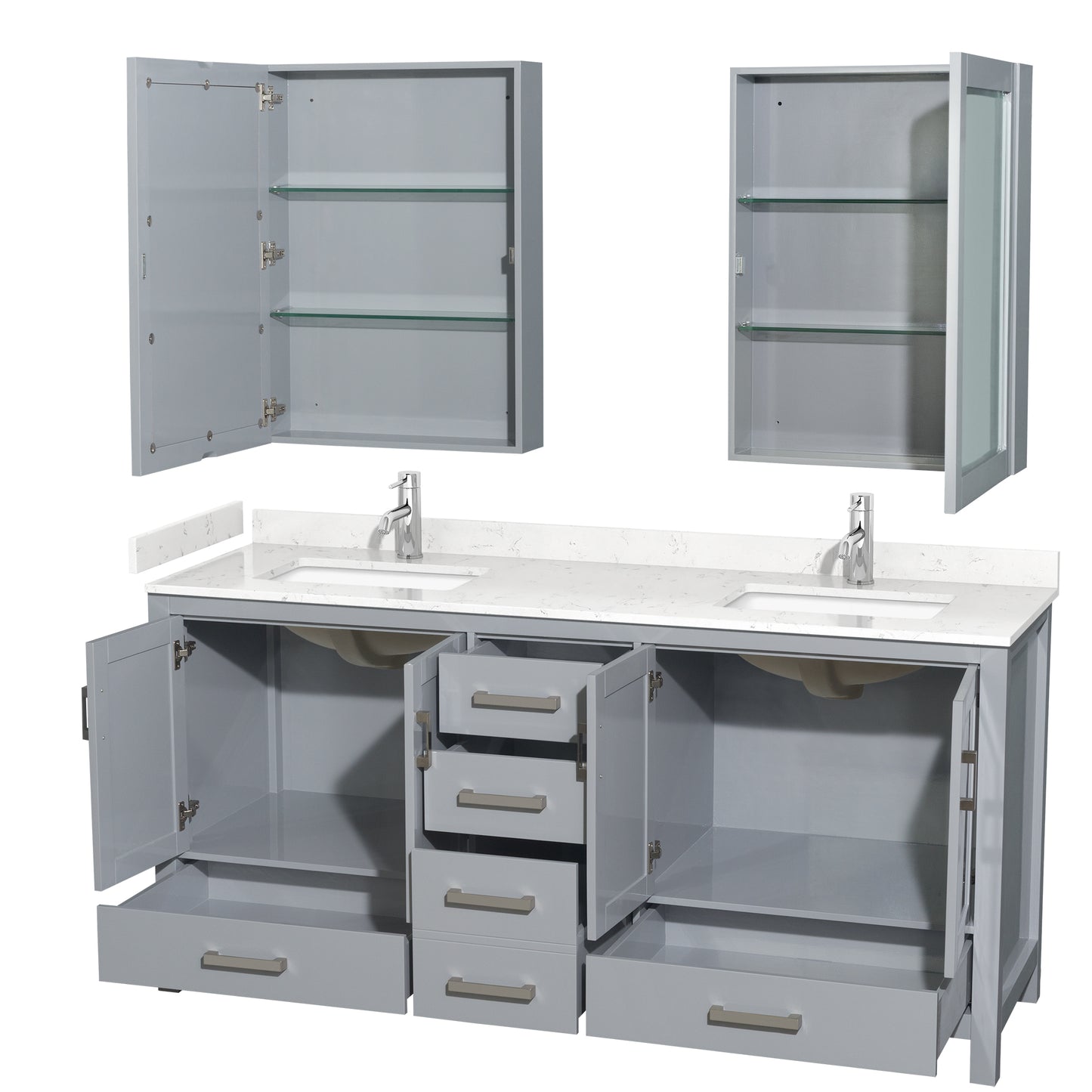 Sheffield 72" Double Vanity in Gray, Carrara Marble Top, Medicine Cabinets