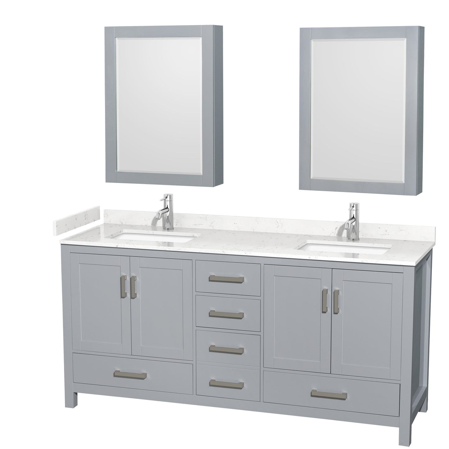 Sheffield 72" Double Vanity in Gray, Carrara Marble Top, Medicine Cabinets