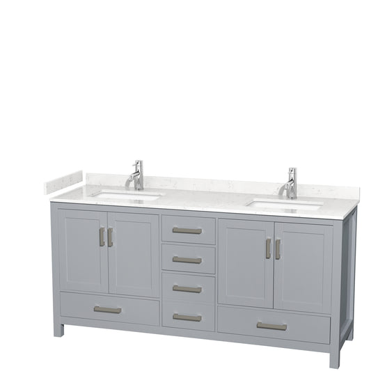 Sheffield 72" Double Vanity in Gray, Carrara Marble Top, Square No Mirror