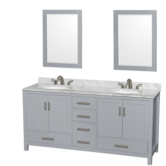 Sheffield 72 inch Double Bathroom Vanity in Gray, White Carrara Marble Countertop, Undermount Oval Sinks, and 24 inch Mirrors