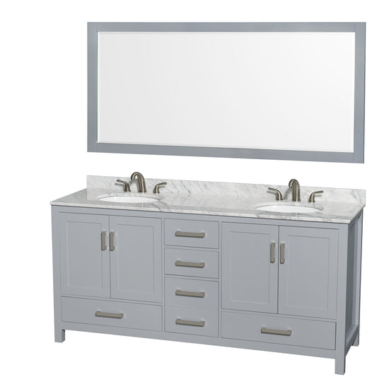 Sheffield 72 inch Double Bathroom Vanity in Gray, White Carrara Marble Countertop, Undermount Oval Sinks, and 70 inch Mirror