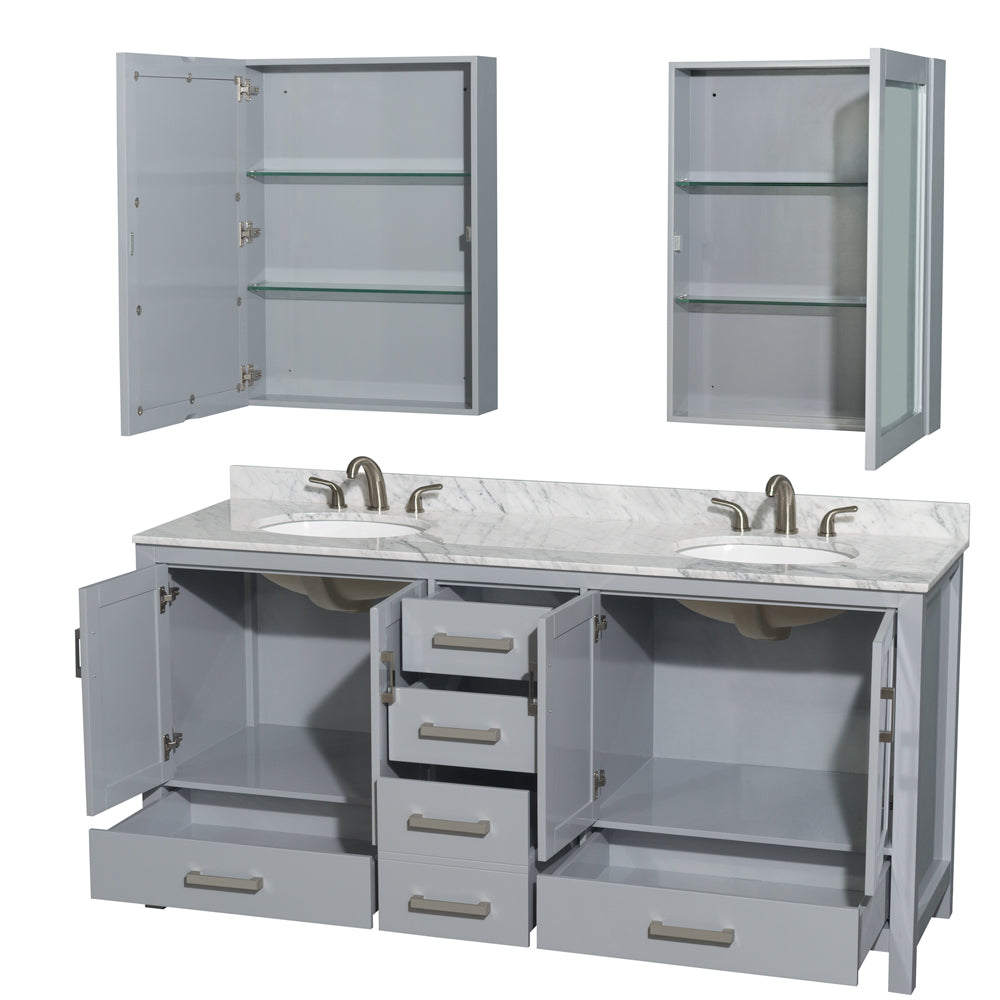Sheffield 72" Double Vanity in Gray, Top, Oval Sinks, Medicine Cabinets