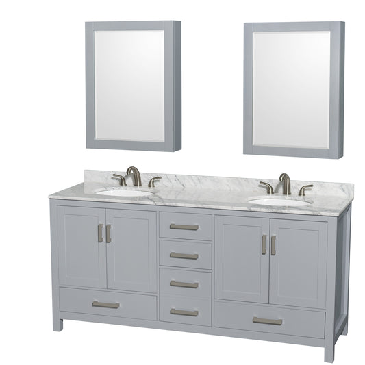 Sheffield 72 inch Double Bathroom Vanity in Gray, White Carrara Marble Countertop, Undermount Oval Sinks, and Medicine Cabinets