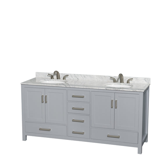 Sheffield 72 inch Double Bathroom Vanity in Gray, White Carrara Marble Countertop, Undermount Oval Sinks, and No Mirror