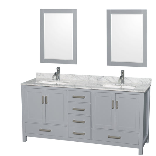 Sheffield 72 inch Double Bathroom Vanity in Gray, White Carrara Marble Countertop, Undermount Square Sinks, and 24 inch Mirrors