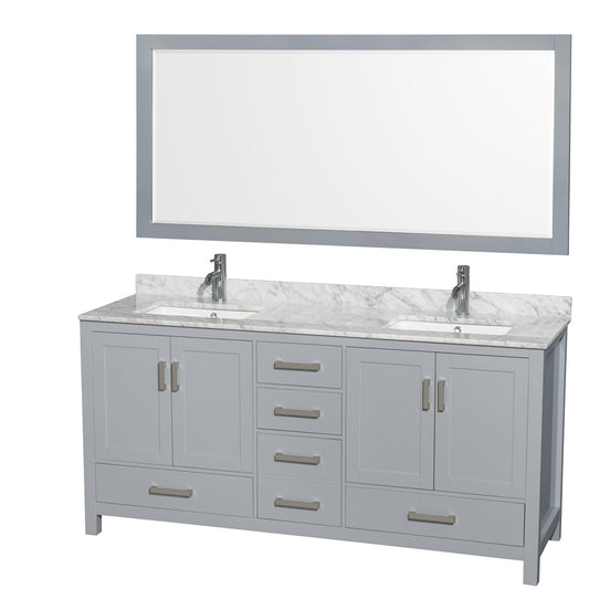 Sheffield 72 inch Double Bathroom Vanity in Gray, White Carrara Marble Countertop, Undermount Square Sinks, and 70 inch Mirror