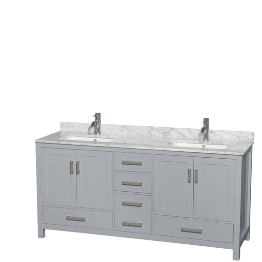 Sheffield 72 inch Double Bathroom Vanity in Gray, White Carrara Marble Countertop, Undermount Square Sinks, and No Mirror