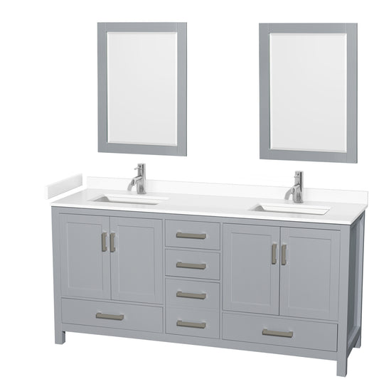 Sheffield 72" Double Vanity in Gray, White Marble Top, Square 24" Mirrors