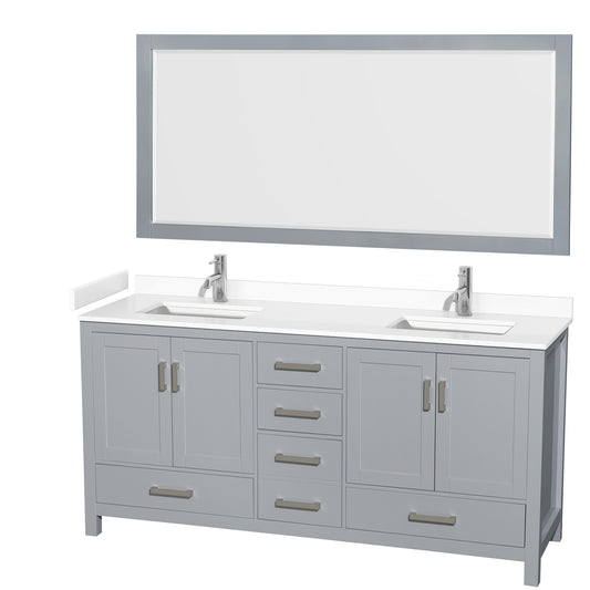 Sheffield 72" Double Vanity in Gray, White Marble Top, Square 70" Mirror