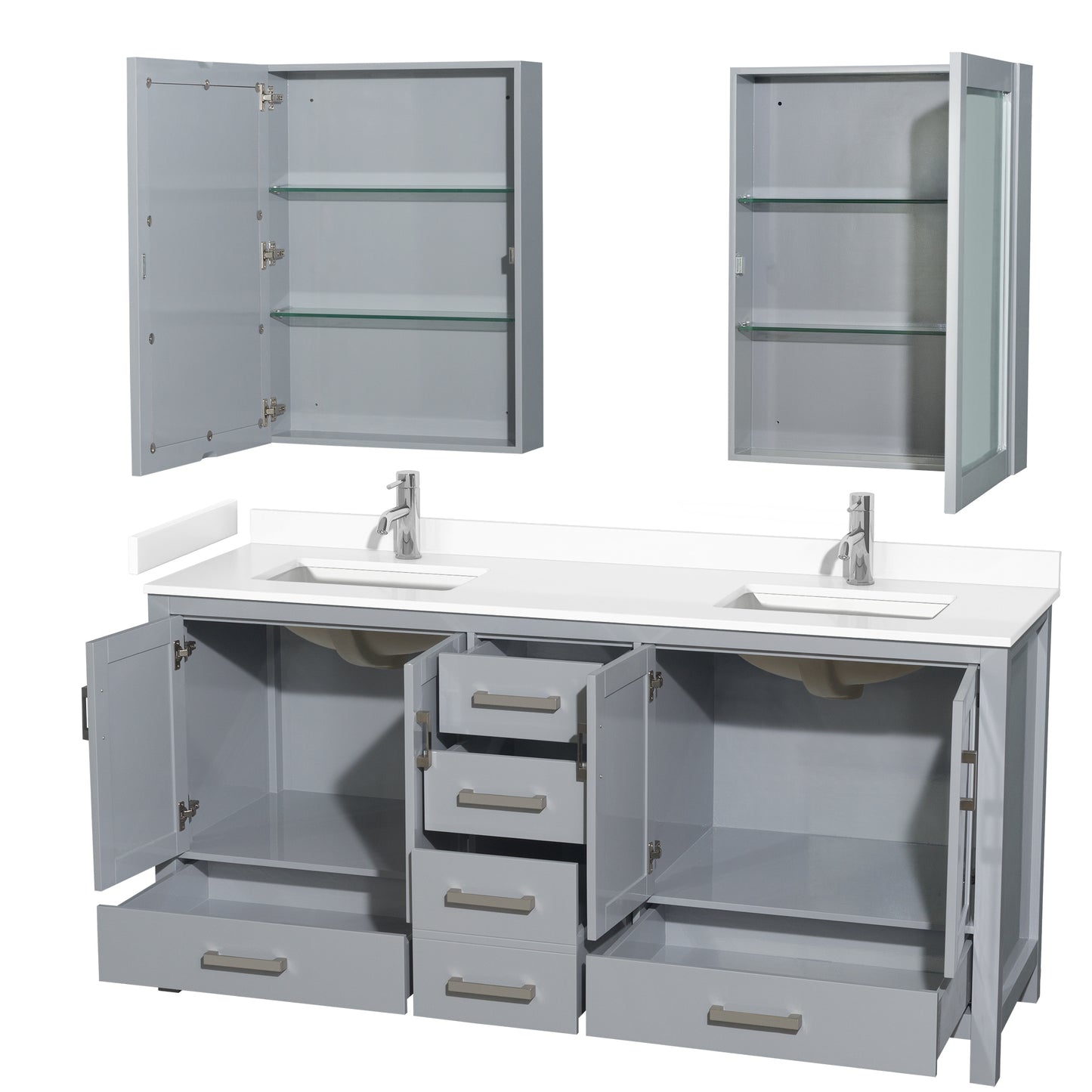 Sheffield 72" Double Vanity in Gray, White Marble Top, Square Medicine Cabinets